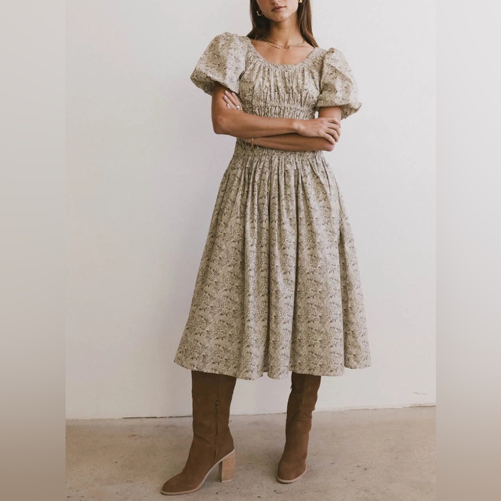 Bohme Floral Midi Dress in Cream and Brown